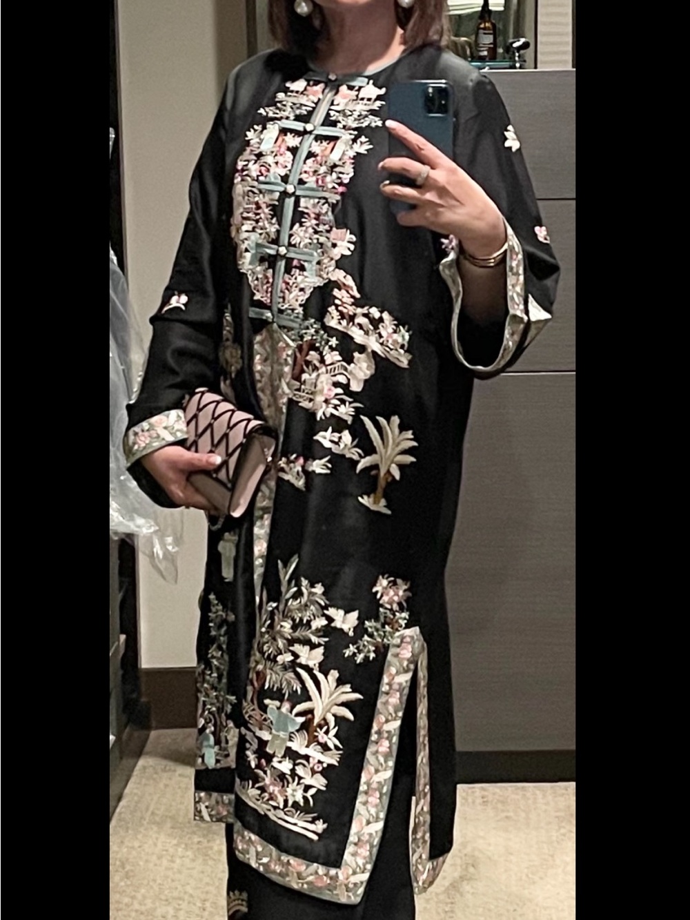 Black Embroidered Long-Sleeve Dress with Floral Accents